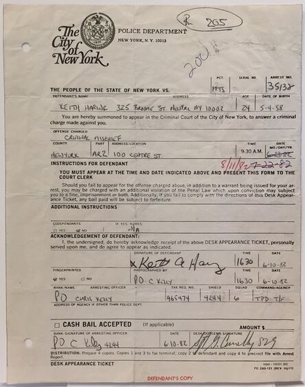 Keith Haring, ‘The City of New York Police Department Arrest Report (Criminal Mischief)’, 1982