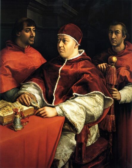 Raphael, ‘Pope Leo X with Cardinals Giulio de' Medici and Luigi de' Rossi’, ca. 1517