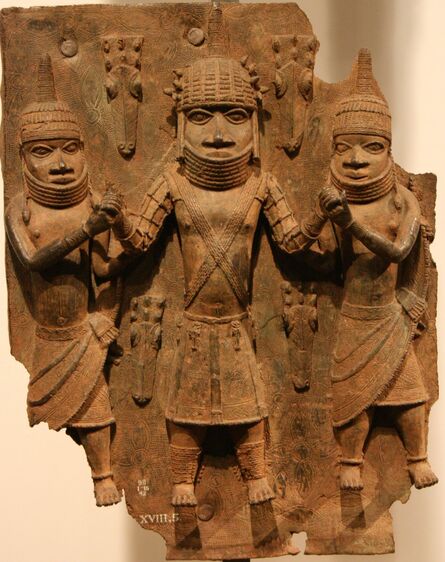 ‘Plaque: Warrior chief with attendants, Edo peoples’, 16th century