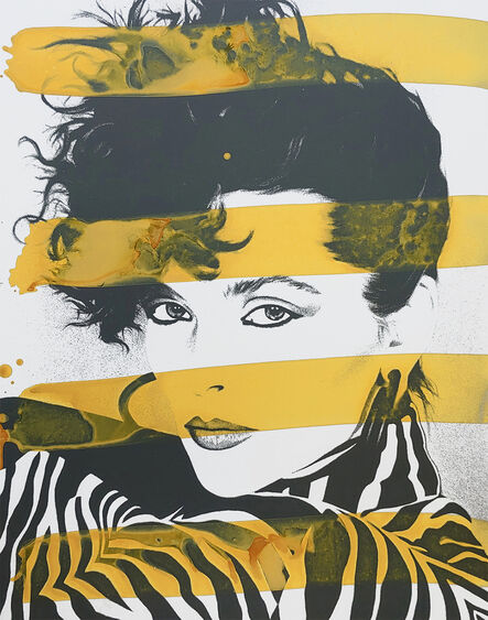 Ceravolo, ‘Woman in Zebra with yellow stripes, acrylic on silk screened board minimal portrait 2019’, 2019