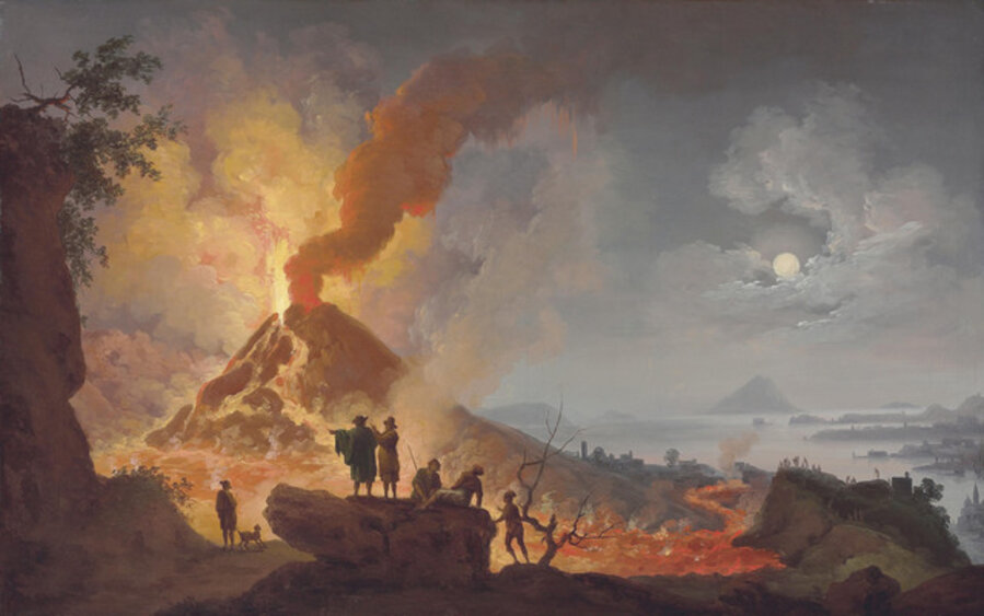 Mount Vesuvius erupting by night seen from the Atrio del Cavallo with spectators in the foreground, a panoramic view of the city and the Bay of Naples beyond