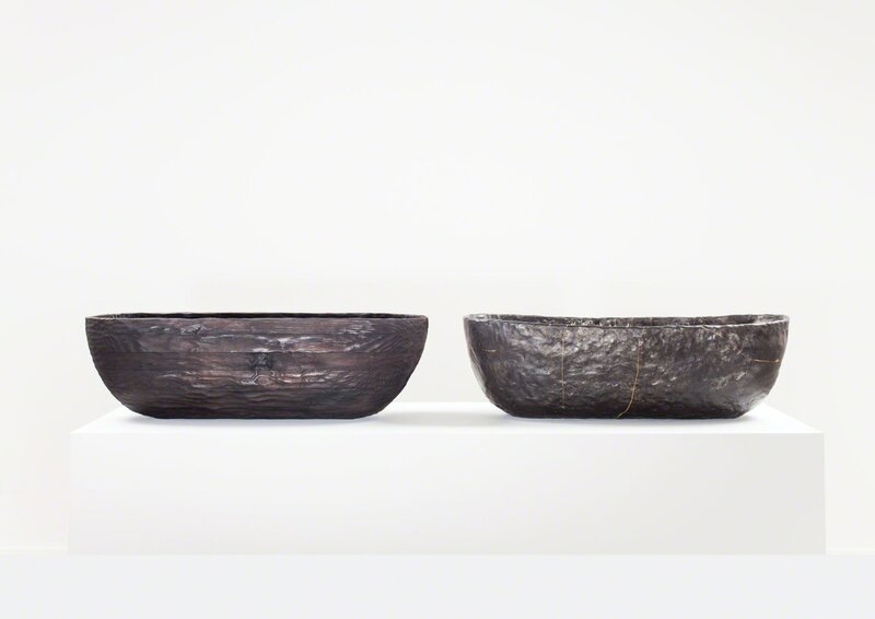 Anders Ruhwald, ‘LaminatedPinewood Bowl, charred. Smolder-firedEarthenware Bowl, Crackedand Mended.’, 2014, Sculpture, Repurposed Pine and Earthenware withgold-leaf inlay, Volume Gallery