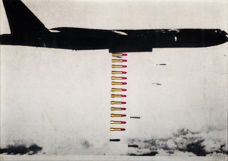 Wolf Vostell, ‘B 52 Lippenstiftbomber (B 52 Lipstick Bomber) ’, 1968, Drawing, Collage or other Work on Paper, Multiple of screenprints with lipstick additions; with 13 mounted lipsticks; the bomber flying to the right, Galerie aKonzept
