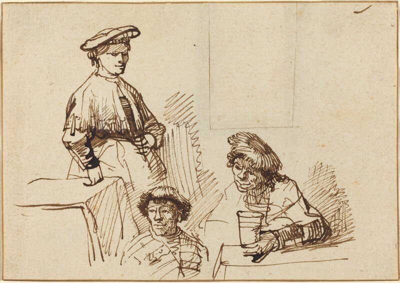 Attributed to Rembrandt van Rijn, ‘Sketches from a Tavern: Woman Standing and Two Men Seated’, Drawing, Collage or other Work on Paper, Pen and brown ink on laid paper, National Gallery of Art, Washington, D.C.
