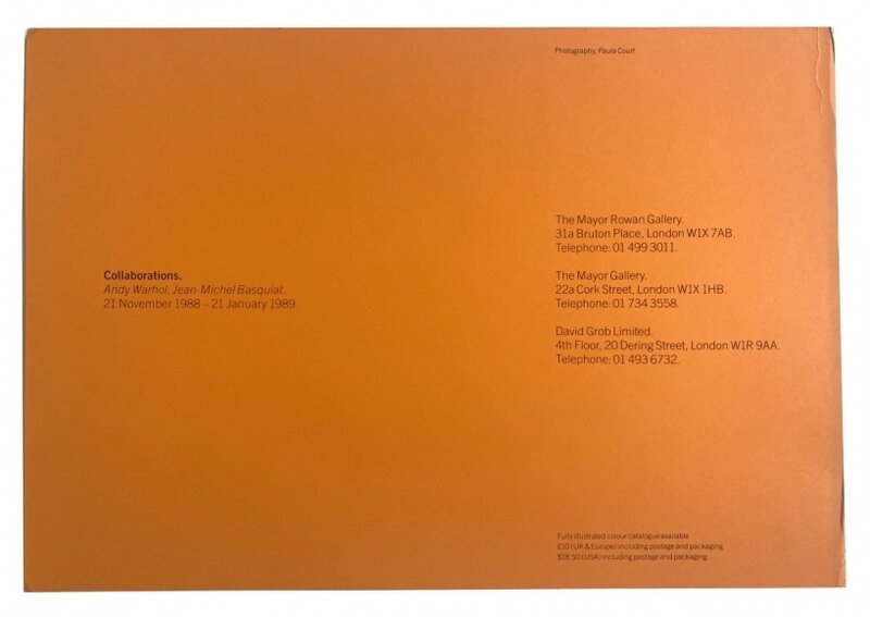 Andy Warhol, ‘“Collaborations” Announcement Card’, 1988, Ephemera or Merchandise, Offset printed double-sided exhibition announcement card featuring a silver metallic photo on one side and black type on orange card stock on the other., Alternate Projects 