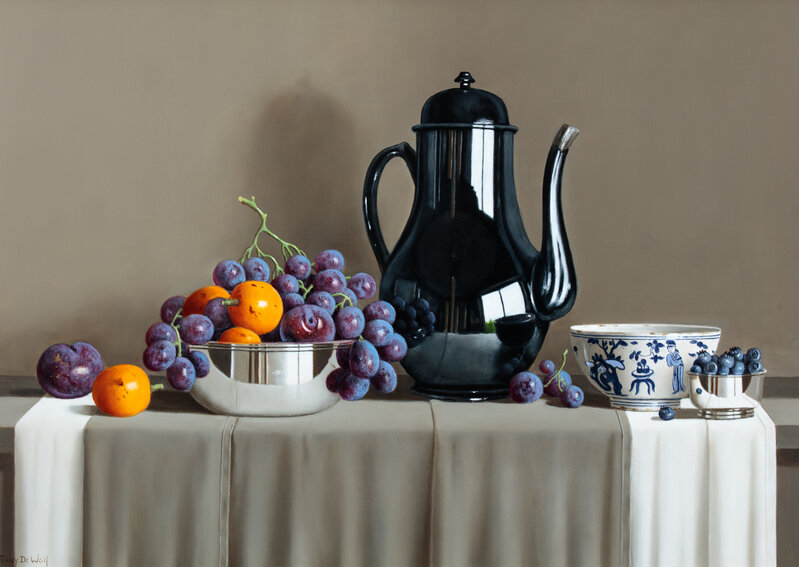 Tony de Wolf, ‘Reflected Grapes in Black Teapot’, Painting, Oil on board, Thompson's Galleries