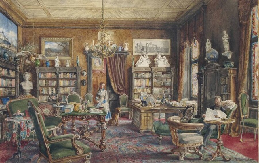 A gentleman and a maidservant in an interior of a library, possibly Austrian