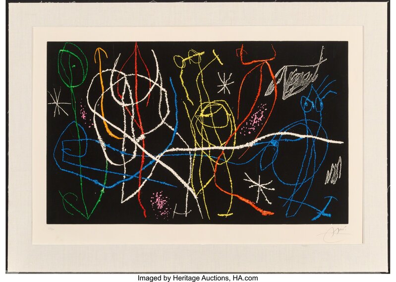 Joan Miró, ‘L'invitee du dimanche, au fond noir II’, 1969, Print, Etching in colors on Arches paper, Heritage Auctions