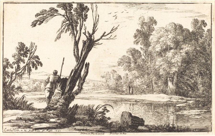 A Man Gazing across a Still Pond