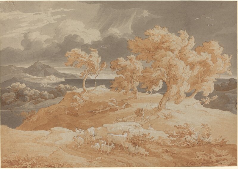 Friedrich Preller the Elder, ‘Italian Coastal Landscape with a Thunderstorm’, 1828/1831, Drawing, Collage or other Work on Paper, Pen and red-brown ink with red-brown and gray washes, heightened with white,  over graphite on paper; mounted on board, National Gallery of Art, Washington, D.C.