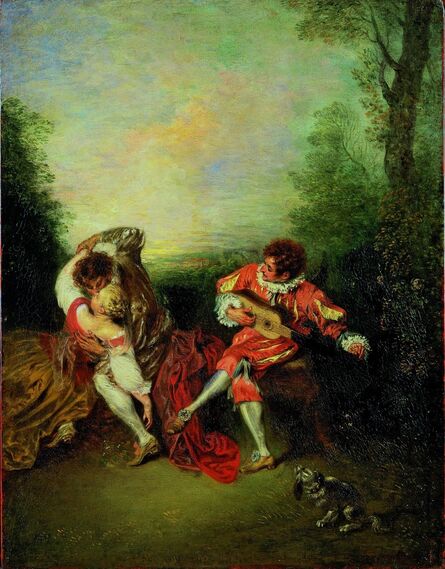 Jean-Antoine Watteau, ‘La Surprise: A Couple Embracing While a Figure Dressed as mezzetin Tunes a Guitar’, 1718-1719