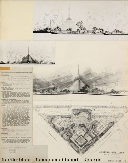 Frederick E. Emmons & Quincy Jones, ‘Presentation panels for Northridge Congregational Church, Northridge, CA with vintage original photographs and reproductions of rendering and masterplan’, 1960