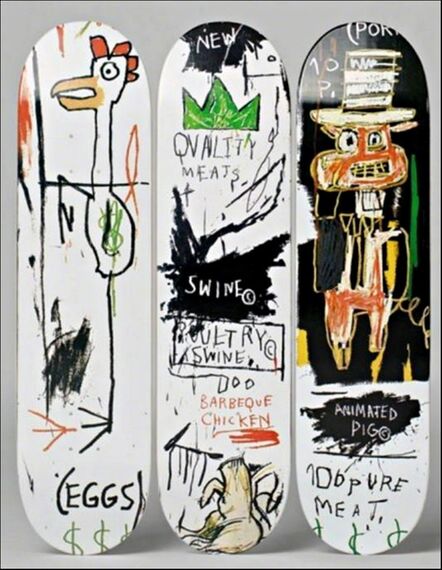 Jean-Michel Basquiat, ‘Quality Meats for the Public Triptych (Set of Three Skateboards with wall hanging mounts)’, 2014