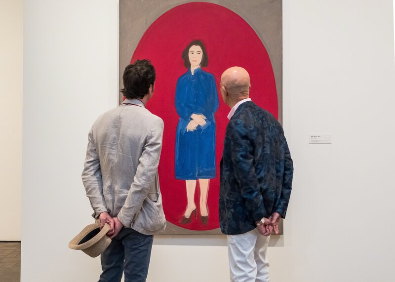 Alex Katz, ‘Viewing Ada (Oval) are curator Patrice Giasson (left) and artist Alex Katz’, 1959  (photo: 2018), Painting, Oil on linen, Neuberger Museum of Art
