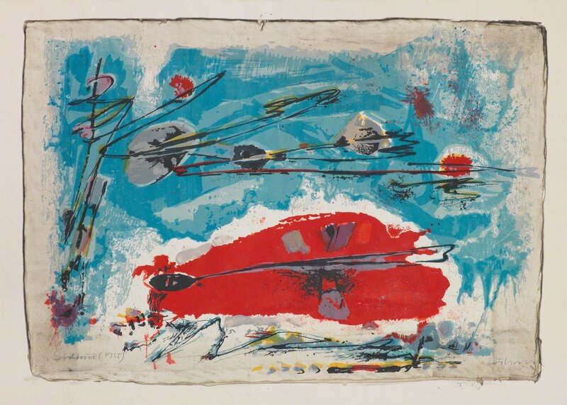 Gerhard Hoehme, ‘ROT LIEGT UNTER BLAU’, 1955, Print, Color screenprint and watercolor, Jörg Maass Kunsthandel