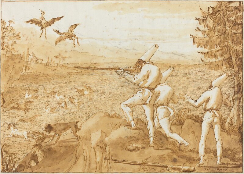 Giovanni Domenico Tiepolo, ‘Punchinellos Hunting Waterfowl’, ca. 1800, Drawing, Collage or other Work on Paper, Pen and brown ink with brown wash over charcoal on laid paper, National Gallery of Art, Washington, D.C.