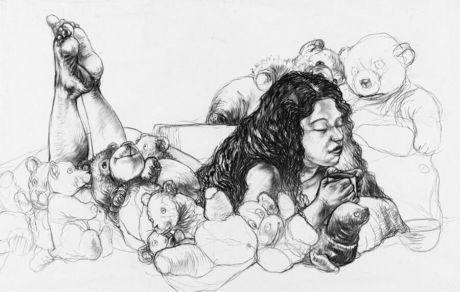 Reclining Woman with Teddy Bears