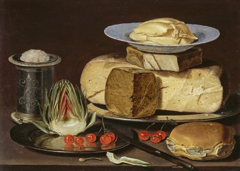 Clara Peeters, ‘Still Life with Cheeses, Artichoke, and Cherries’, ca. 1625, Painting, Oil on wood, Los Angeles County Museum of Art