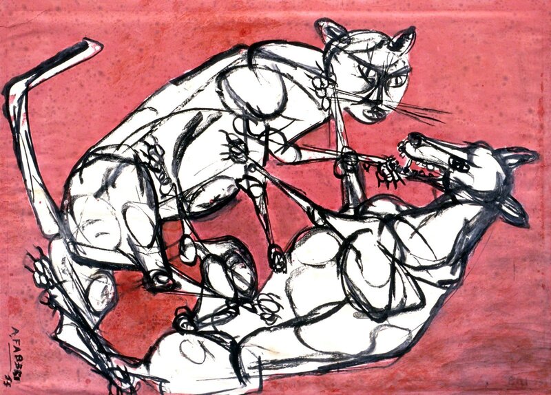 Agenore Fabbri, ‘Fight Between a Cat and a Dog’, 1953, Drawing, Collage or other Work on Paper, Red and black wash on paper, Clark Art Institute