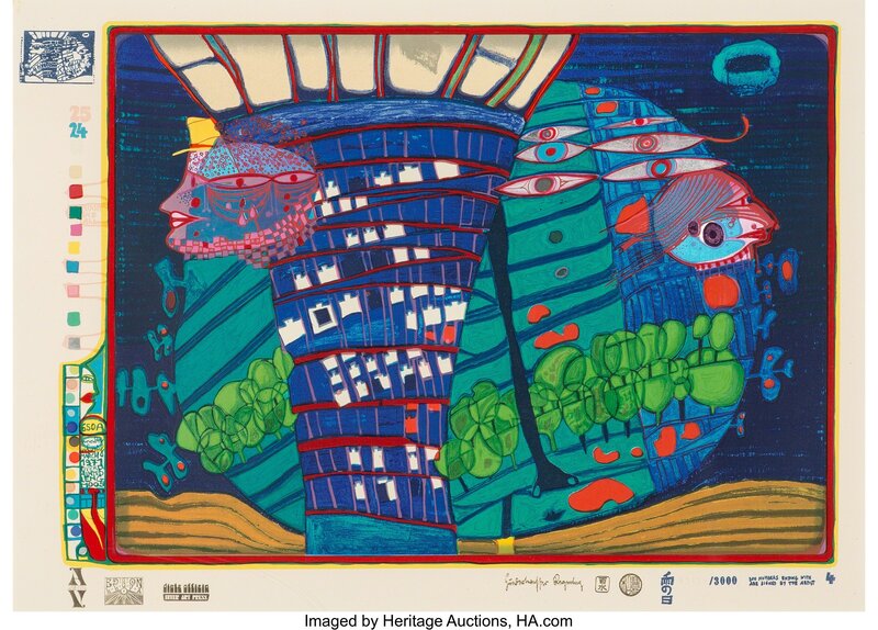 Friedensreich Hundertwasser, ‘Exodus into space, from Regentag Portfolio’, 1971-72, Print, Screenprint in colors with metallic embossing on wove paper, Heritage Auctions