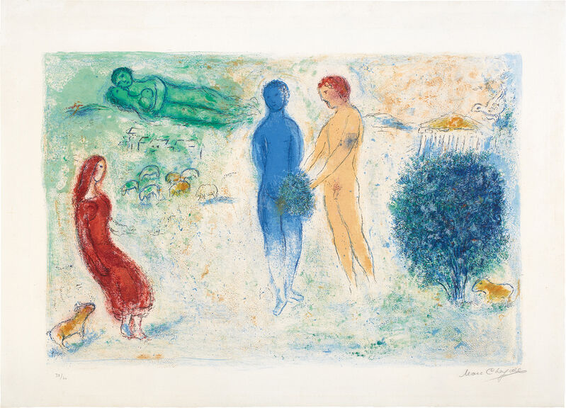 Marc Chagall, ‘Le Jugement de Chloé (The Judgment of Chloe), plate 8 from Daphnis et Chloé (M. 315, see C. bks 46)’, 1961, Print, Lithograph in colors, on Arches paper, with full margins., Phillips