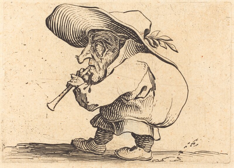 Jacques Callot, ‘The Flageolet Player’, ca. 1622, Print, Etching and engraving//one of four prints on uncut sheet of lorrainese paper (1949.5.253.a-d), National Gallery of Art, Washington, D.C.