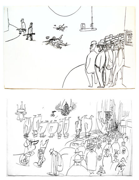 Saul Steinberg, ‘St Valentine's Day Massacre, from A.J. Liebling's "Second City" (2 sided drawing)’, 1952