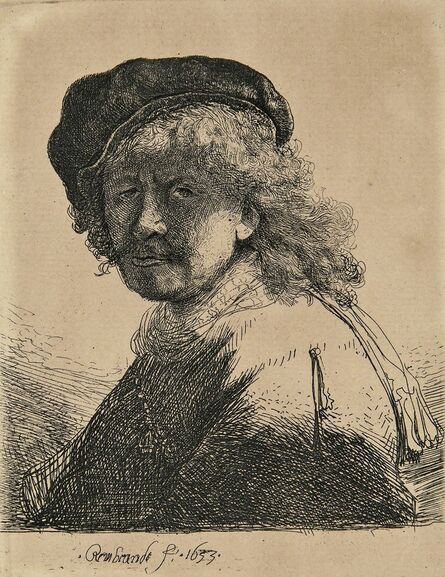 Rembrandt van Rijn, ‘Self Portrait in a Cap and Scarf with the Face Dark: Bust’, 1633-a later impression