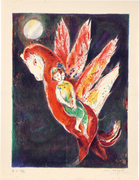 Marc Chagall, ‘Then the old woman mounted on the Ifrit’s back, taking her daughter behind her, and the Ifrit flew off with them...: plate 7, from Four Tales from the Arabian Nights (M. 42, see C. bks 18)’, 1948