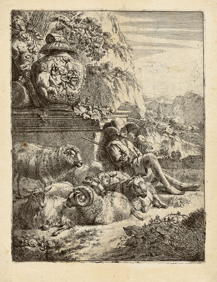 Johann Heinrich Roos, ‘Resting Shepherd Leaning against a Pedestal. ’, ca. 1660/64