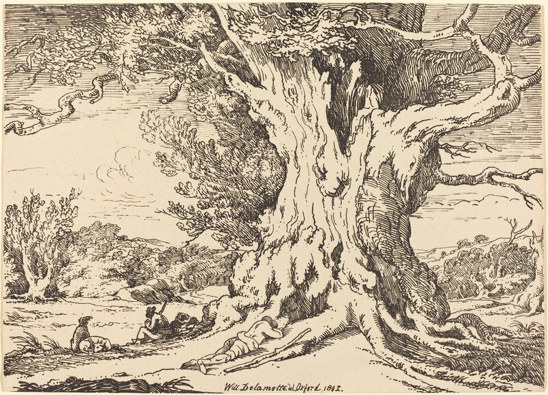 William Alfred Delamotte, ‘Resting, Men and Dogs under a Big Tree’, 1802, Print, Pen-and-tusche lithograph, National Gallery of Art, Washington, D.C.
