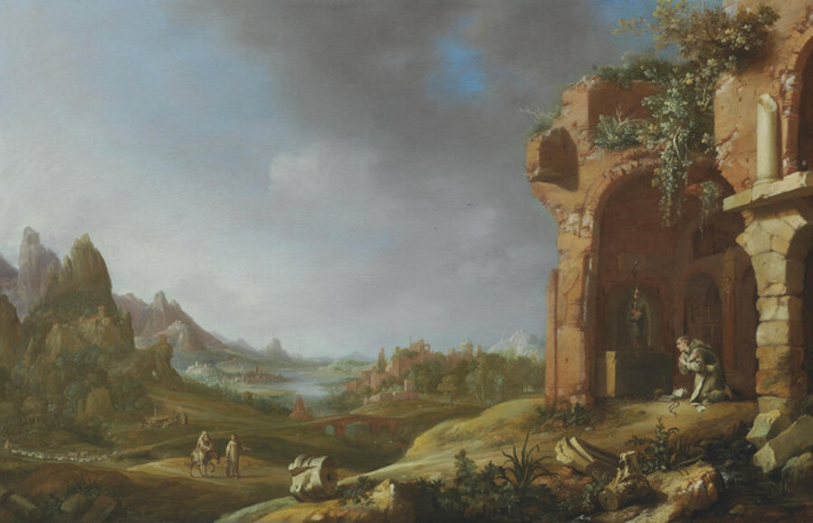 A landscape with the Flight into Egypt and a hermit monk praying in classical ruins