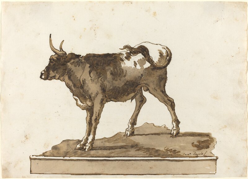 Giovanni Domenico Tiepolo, ‘A Bull on a Ledge’, 1770s, Drawing, Collage or other Work on Paper, Pen and brown ink with brown-gray wash over graphite on laid paper, National Gallery of Art, Washington, D.C.