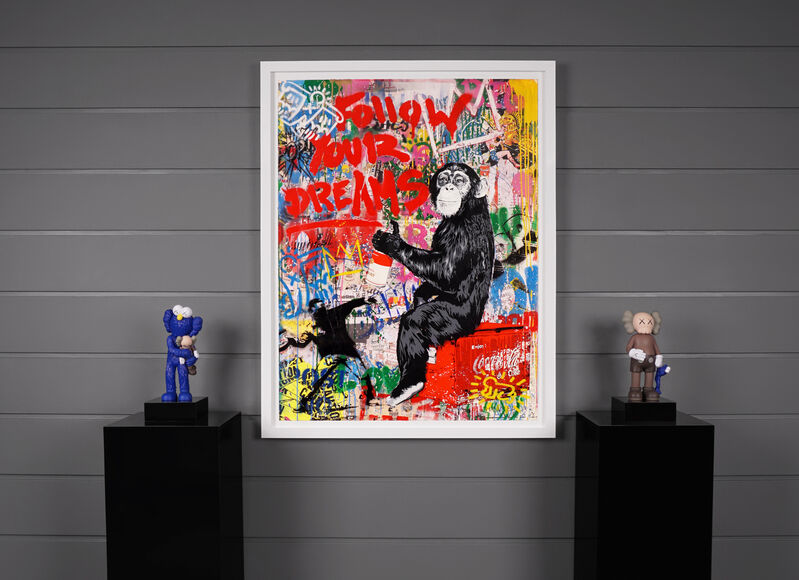 Mr. Brainwash, ‘'Follow Your Dreams' Monkey, Unique Street Art Painting’, 2021, Painting, Acrylic, Stencil, Spray Paint, Mixed Media Painting on Paper, Arton Contemporary