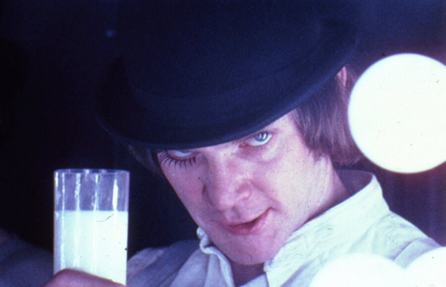 A Clockwork Orange, directed by Stanley Kubrick (1970-71; GB/United States). Alex DeLarge (Malcolm McDowell) in the Korova Milkbar.