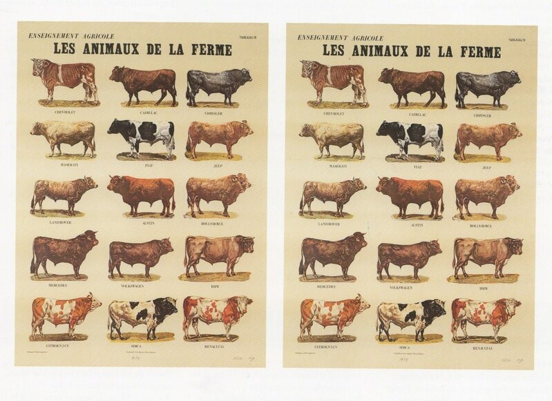 Marcel Broodthaers, ‘Les animaux de la ferme’, 1974, Print, Two sheets in offset colour print on Schoeller-Parole paper, Richard Saltoun