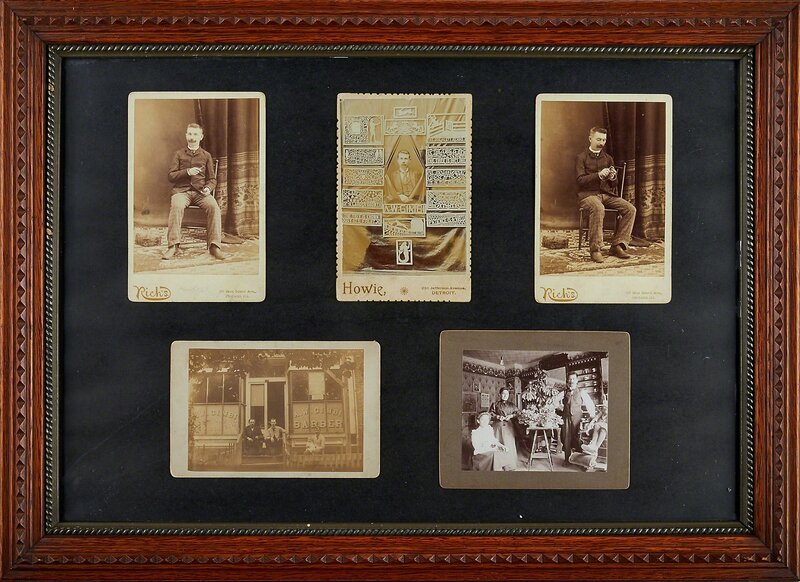 ‘Prof. A.W. Gimbi, The Pa. Peach Stone Carver’, ca. 1900, Photography, Includes five vintage photographs of Professor Gimbi (born in 1857 in McAdoo) in an original Gimbi carved frame and two shadowboxes, one with14 carved peach stones in the form of seashells and one with carved peach stones in the form of sequential numbers 0 through 9, Pennsylvania, Rago/Wright/LAMA/Toomey & Co.