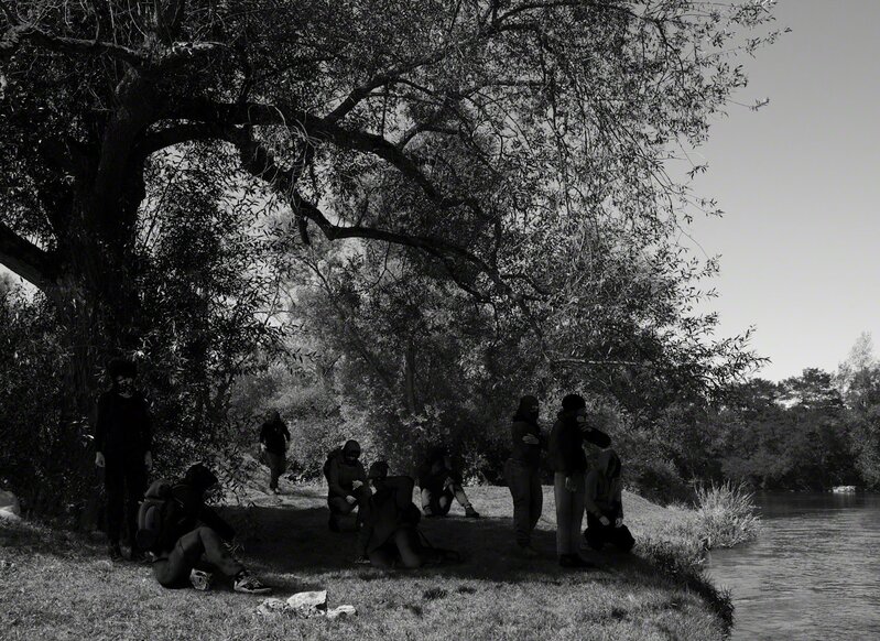 Vincent Debanne, ‘GROUP OF BLACK BLOCS, WEARING SCARVES, GAS MASKS, AND MOTORCYCLE HELMETS, AT EDGE OF RIVER’, 2015, Photography, ON/gallery