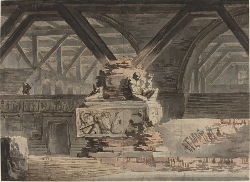 Karl Friedrich Schinkel, ‘Stage Design: A Sepulchral Vault’, ca. 1820, Drawing, Collage or other Work on Paper, Pen and brown ink with gray washes and watercolor on laid paper, National Gallery of Art, Washington, D.C.
