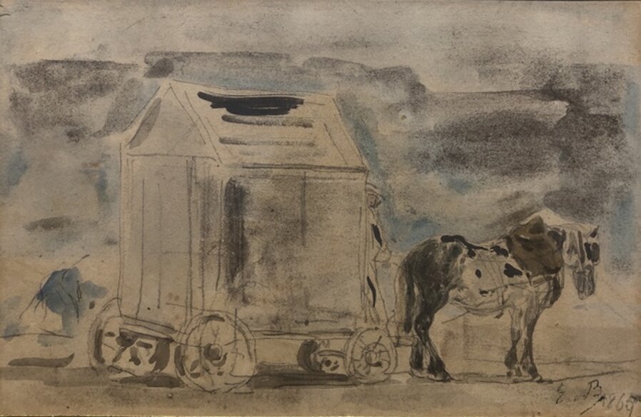 Beach cabin and horse