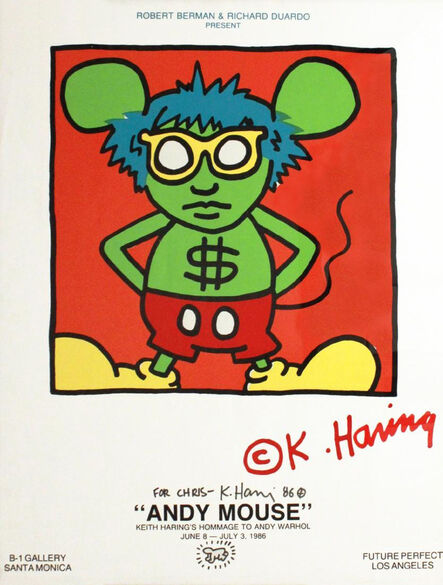 Keith Haring, ‘Andy Mouse Exhibition Poster with Original Drawing of Radiating Baby on Recto’, 1986