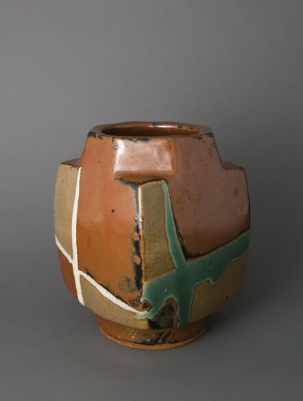Shōji Hamada, ‘Square vase, kaki glaze with trailed decoration’, 1960