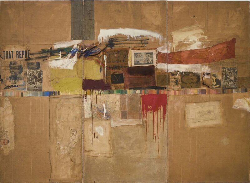 Robert Rauschenberg, ‘Rebus’, 1955, Combine: oil, synthetic polymer paint, pencil, crayon, pastel, cut-and-pasted printed and painted papers, including a drawing by Cy Twombly, and fabric on canvas mounted and stapled to fabric, Robert Rauschenberg Foundation