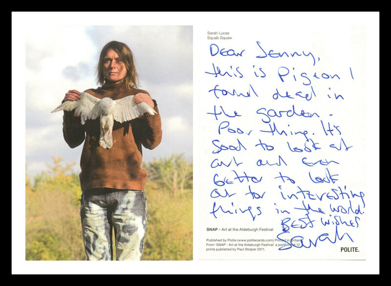 Sarah Lucas, ‘"It's good to look at art and better to look out for interesting things in the world..."’, 2011, Drawing, Collage or other Work on Paper, Original Handwritten letter on an offset lithograph. Hand signed. Unframed., Alpha 137 Gallery