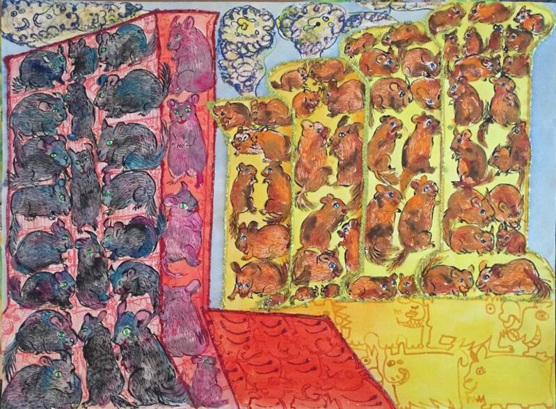 Maija Peeples-Bright, ‘Outsider Art  Rats and Mice Pattern Painting’, 20th Century, Painting, ABS, Glitter, Mixed Media, Paint, Watercolor, Lions Gallery