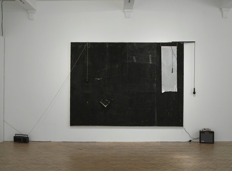 Malcolm Le Grice, ‘Castle’, 1964, Installation, Black painting, aluminum foil, painted light bulb, radio, guitar amplifier, Richard Saltoun