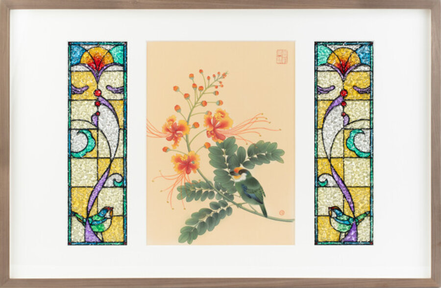 Peacock Flower and the Golden-throated Barbet