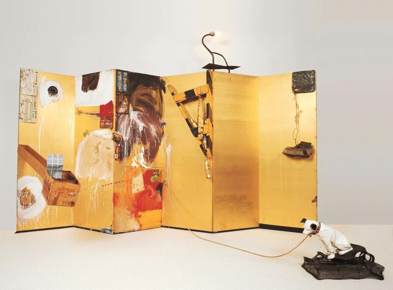 Robert Rauschenberg, ‘Gold Standard’, 1964, Combine: oil, paper, printed reproductions, clock, cardboard box, metal, fabric, wood, string, shoe, and Coca-Cola bottles on gold folding Japanese screen with electric light, rope, and ceramic dog on bicycle seat and wire-mesh base, Robert Rauschenberg Foundation