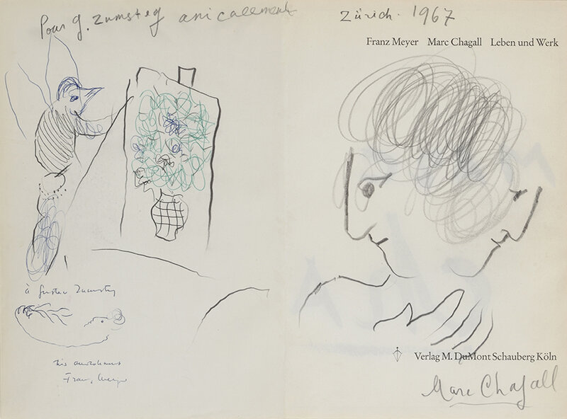 Marc Chagall, ‘Double Profil Et Coq Peintre Pour G.Zumsteg’, 1967, Drawing, Collage or other Work on Paper, Ballpoint pen, Blu felt and pencil on double paper, DIGARD AUCTION