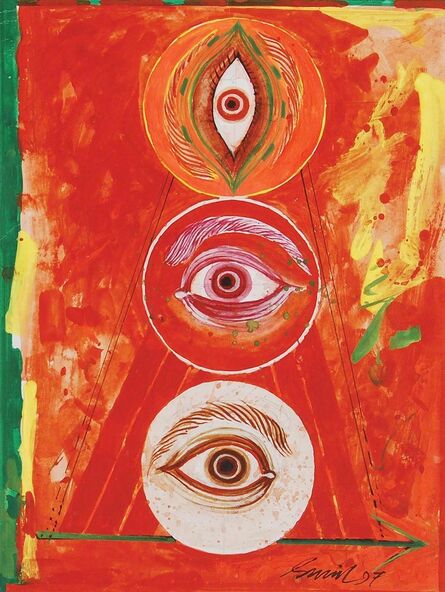 Sunil Das, ‘Durga 97, Mixed Media on Board, Red, Yellow, Green by Padma Shree Artist Sunil Das "In Stock"’, 1997